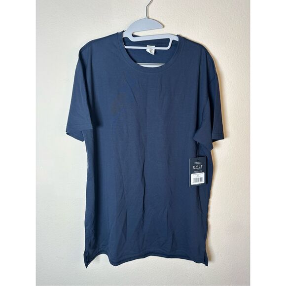 NWT BYLT Premium Basics Limitless Short Sleeve Split Hem Navy Blue SZ MD - Picture 1 of 8